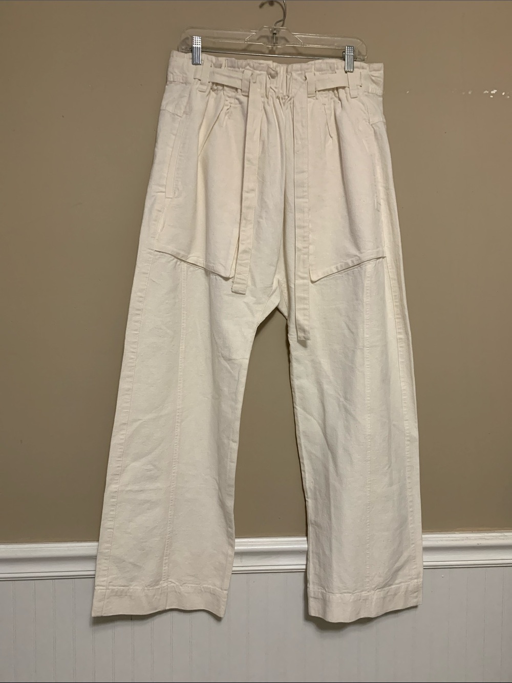 Free People Women’s Sky Rider Ecru Medium Straight Leg Paper-bag Pants Baggy